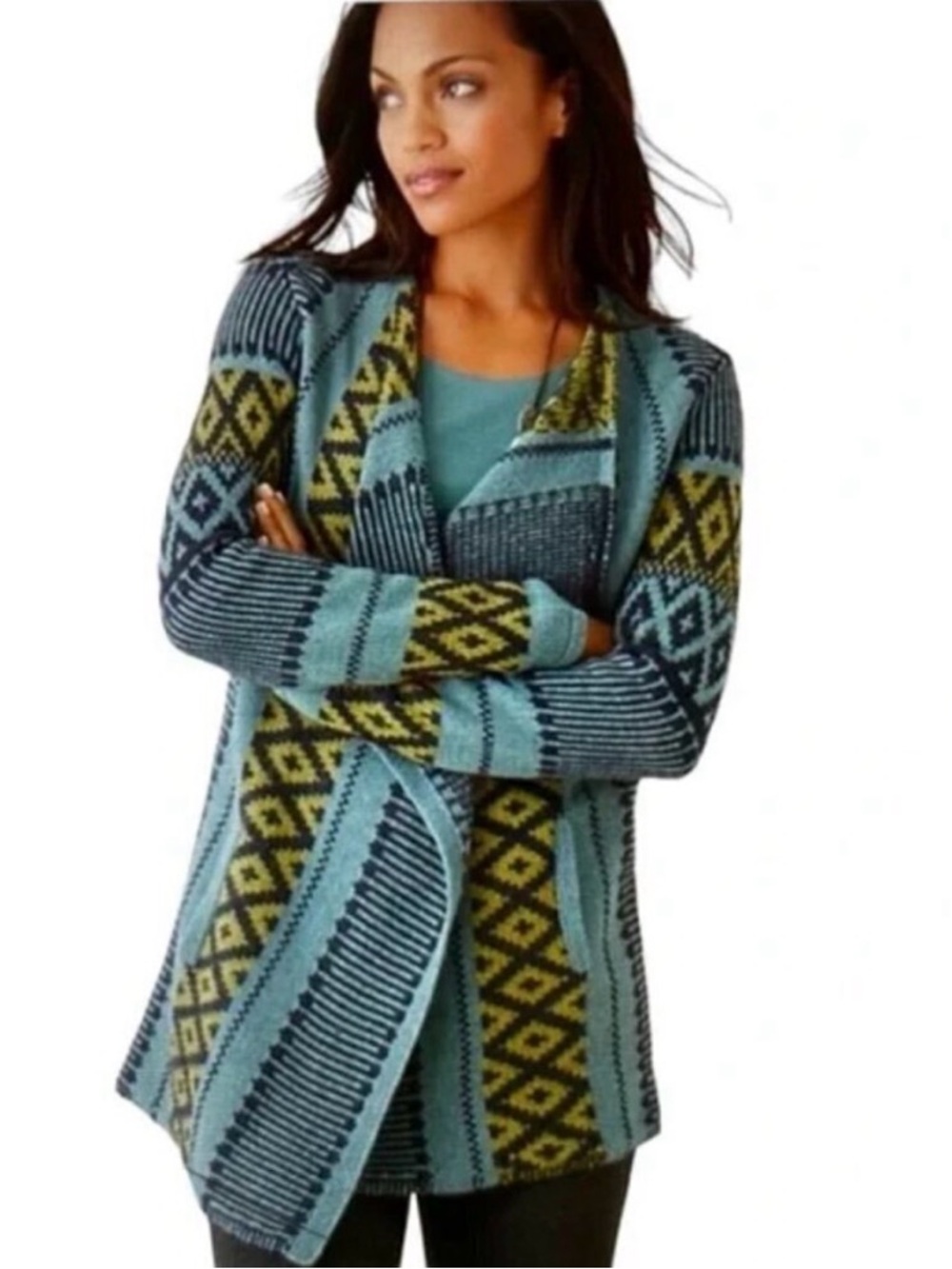 J.Jill Juniper Boho Geometric Aztec Jacquard Knit Draped Front Cardigan Sweater